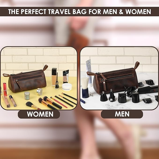 Brown Leather Cosmetic Bags for Women Travel Cosmetic Cases - Multipurpose Zippered Makeup Bag, Small leather Cosmetic Case for Purse - Genuine Leather Makeup Bag Handmade Makeup Pouch