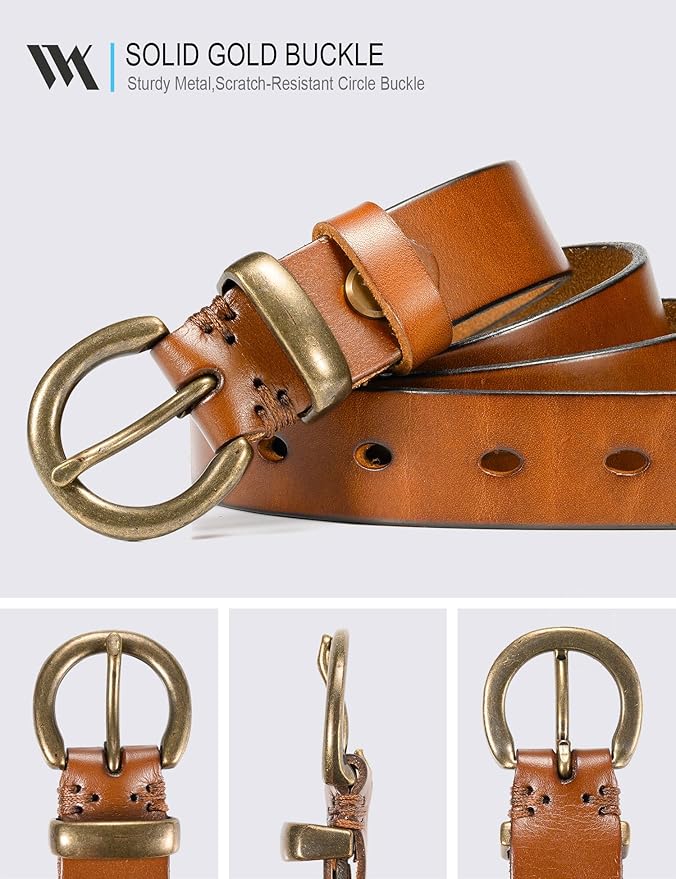 WOLFANT Full Grain Leather Belt for Women,1.1" Ladies Casual leather Jean Belt with Vintage Circle buckle in Gift Box