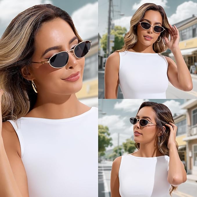 Retro Oval Sunglasses Womens Mens Trendy 2025, Fashion Y2K Narrow Oval Cat Eye Sun Glasses UV400 Protection VF2251
