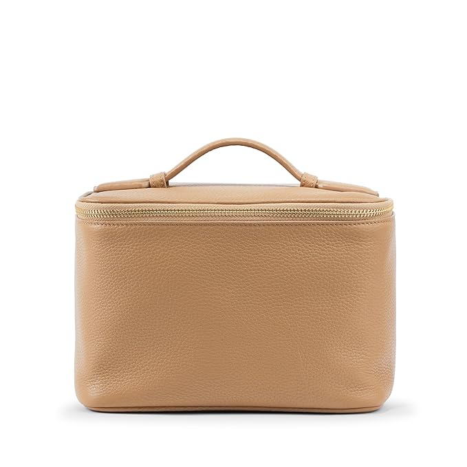 Leatherology Camel Small Train Case – Full-Grain Leather Travel Cosmetic Bag with Water-Resistant Lining, Zippered & Open Pockets, Compact Beauty Organizer