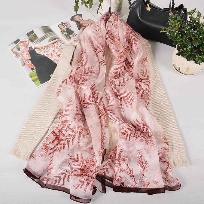 100% Mulberry Silk Women's Neck Silk Scarf-Lightweight Shawl,FLoral Print Beach Silk Wrap-Scarves for Photography