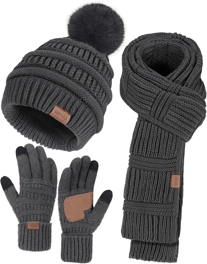 Remifa Winter Beanie Hat Scarf Gloves Set for Women, Slouchy Pom Pom Hat Long Knit Scarf Touchscreen Gloves Christmas Gifts