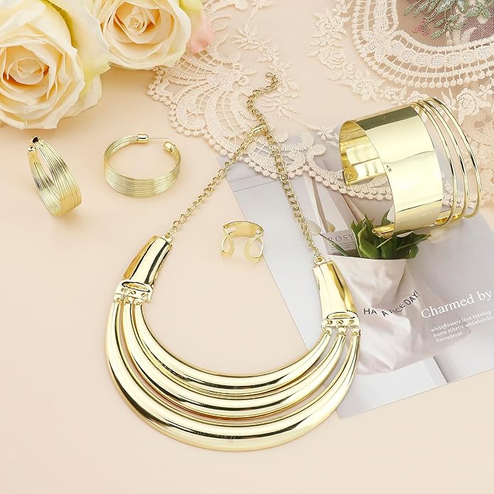 JOERICA Bib Choker Necklace Silver Gold Jewelry Set Wide Cuff Bangle Bracelet Open Hoop Earrings Adjustable Ring Chunky Silver Gold Statement Costume Jewelry Set for Women