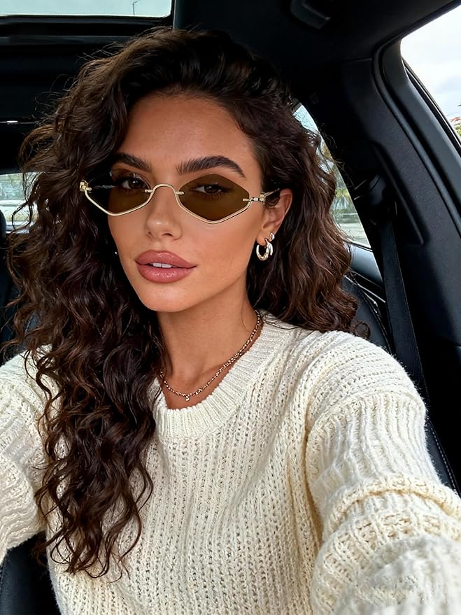Retro Y2k Sunglasses for Women Men,Trendy Semi-Rimless Sun Glasses Irregular Narrow Gold Sunnies UV400