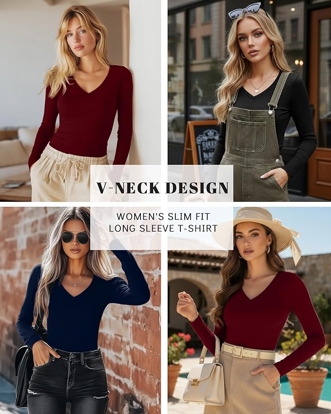 Ficerd 3 Pack Women's Long Sleeve Shirts, V Neck Basic Tees Slim Fitted Casual Fall Tops Going Out Blouses T Shirts