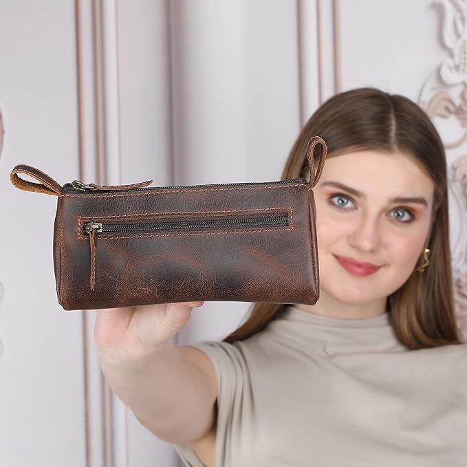 Brown Leather Cosmetic Bags for Women Travel Cosmetic Cases - Multipurpose Zippered Makeup Bag, Small leather Cosmetic Case for Purse - Genuine Leather Makeup Bag Handmade Makeup Pouch