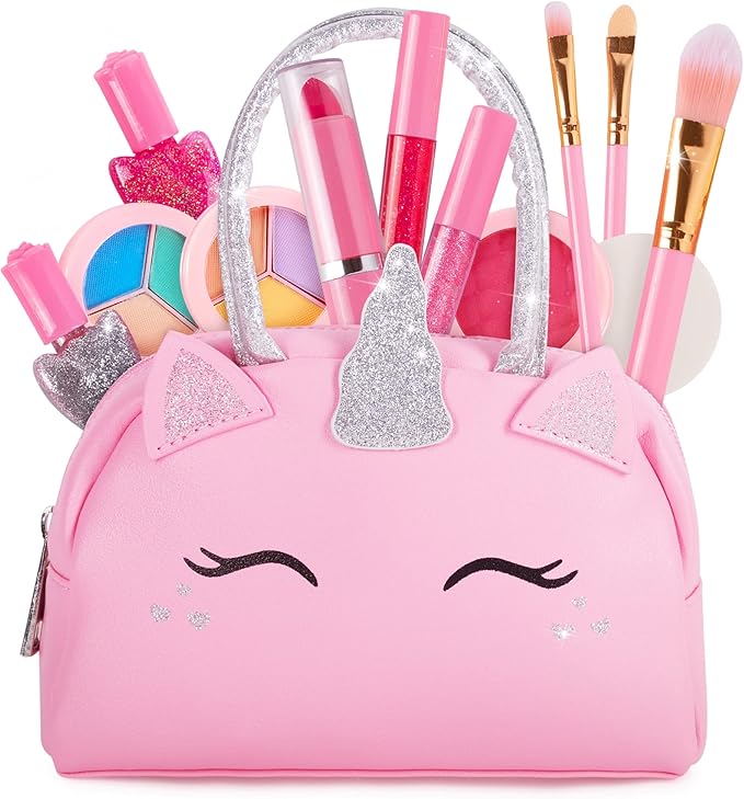 Kids Real Makeup Kit with Pink Unicorn Purse, Non Toxic Washable Make Up Set - Unicorn Toys for Girls Age 4-6, Valentines Day Gifts for Kids, Birthday Gift for Girl Ages 3 4 5 6 7 8 9 10 Years Old