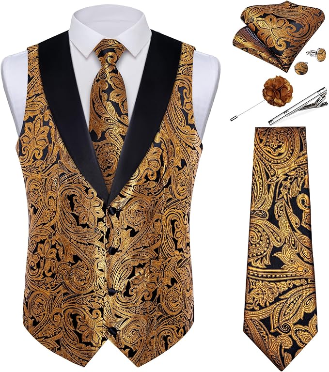 DiBanGu Mens Paisley Suit Vest Silk Jacquard Waistcoat and Necktie Set Formal Shawl Collar Dress Vest 7PCS for Wedding Party