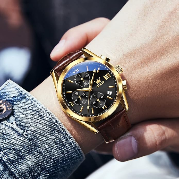 OLEVS Men's Casual Leather Watch, Big Face Chronograph Watch for Men, Fashion Easy to Read Dress Watch, Men's Waterproof Luminous Date Analog Watch, Gold/Black/White/Blue Dial