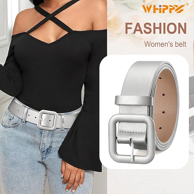 WHIPPY Women Leather Belt Candy Color Fashion Square Buckle Belt Ladies Belt for Jeans Pants Dresses