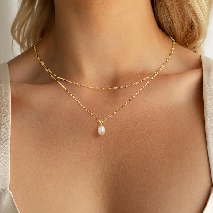 Yoosteel Pearl Necklace for Women - 14K Gold Plated Pearl Pendant Necklaces Minimalist Women Pearls Layered Necklace Dainty Trendy Bridal Bridesmaid Wedding Gifts for Her