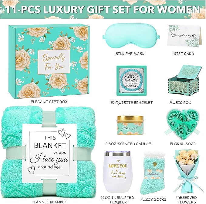 Valentines Day Gifts for Women, Self Care Gifts Spa Basket Set for Women Get Well Soon Gifts with Flannel Blanket, Thinking of You Valentine's Day Gifts for Her Mom Girlfriend Sister Wife