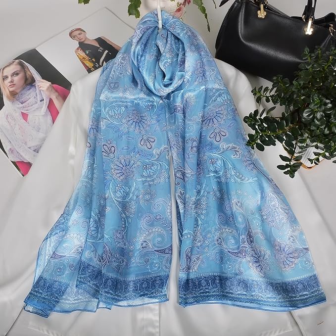 100% Mulberry Silk Women's Neck Silk Scarf-Lightweight Shawl,FLoral Print Beach Silk Wrap-Scarves for Photography