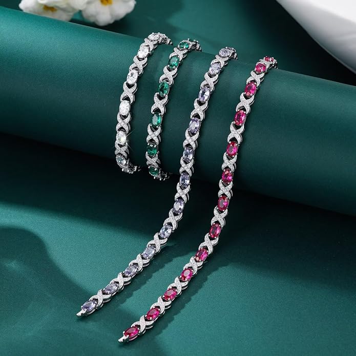Iefil Oval Birthstone Tennis Bracelets for Women Wife, Unique X O Design Fine Jewelry Valentine's Day Gift Anniversary Birthday Gift 925 Sterling Silver Birthstone Jewelry for Mom Girlfriend Her
