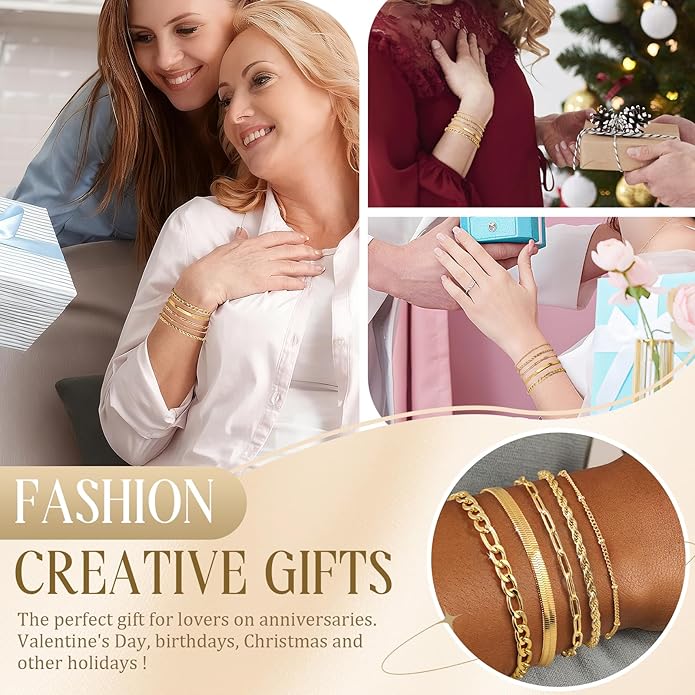 Gold Bracelets for Women Non Tarnish, Dainty 18K Gold Plated Bracelets Stack Trendy Waterproof Stackable Bangles, Cuban Link Paperclip Chain Jewelry Set Fashion Accessories Gifts for Women