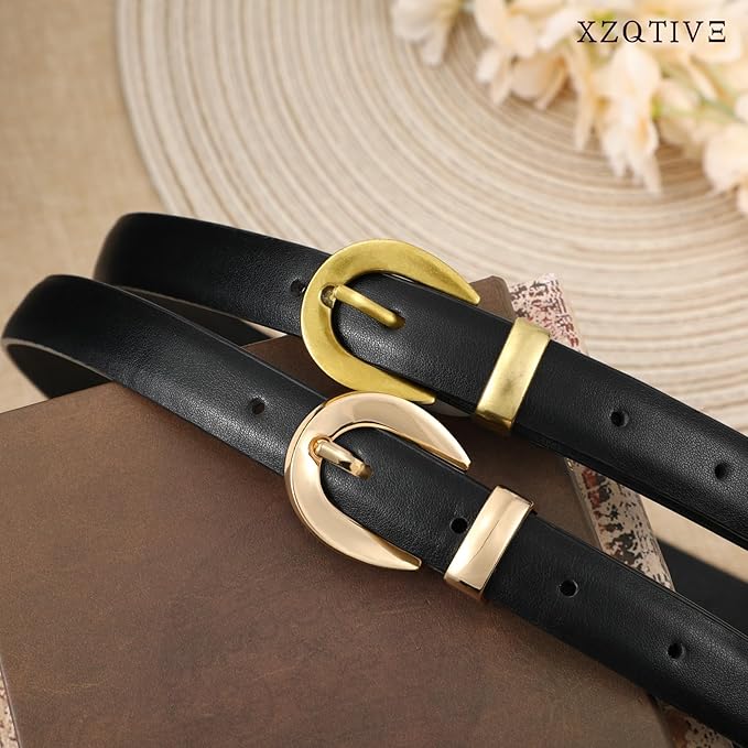 XZQTIVE Women Skinny Leather Belts for Jeans Dress Pants Fashion Ladies Thin Black Waist Belt with Gold Buckle