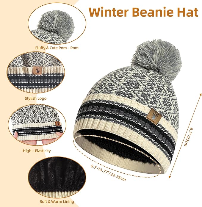 Womens Winter Beanie Hat Long Scarf and Touchscreen Gloves 3Pieces Fleece Lined Skull Caps with Pompom Neck Scarves Set