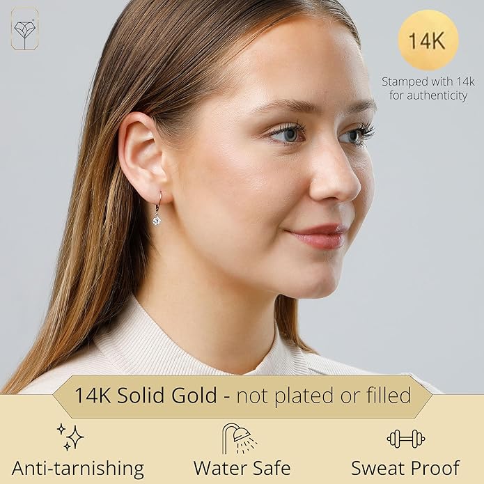 14k Gold Leverback Cubic Zirconia Dangle Earrings | Solid Real White or Yellow Gold Dangle Earrings for Women | 1-8 CT.TW 14k Gold Earrings for Women | CZ Cubic Zirconia Drop Earrings by MAX + STONE