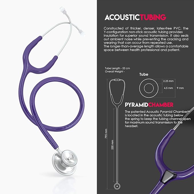 MDF Instruments, Acoustica Lightweight Stethoscope for Doctors, Nurses, Students, Home Health Use, Adult, Dual Head, Purple Tube, Silver Chestpiece-Headset, MDF747XP08