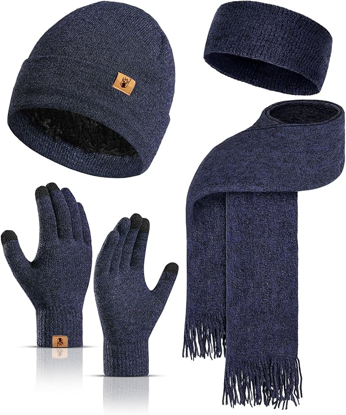 Winter Warm Beanie Hat Touchscreen Gloves Long Scarf Set for Women with Headband, Knit Cap Scarves with Tassel for Women