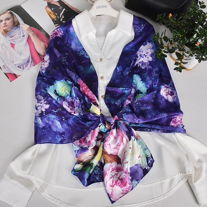 100% Mulberry Silk Scarf for Women Neck Oblong Headscarves Long Floral Print Lightweight Silk Wraps Shawls 67"*20"