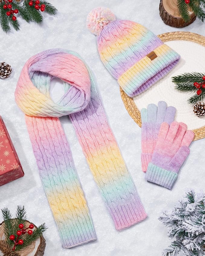 Remifa Winter Hat Scarf Gloves Set for Women Teen Girls, 3 PCS Pom Beanie Skull Cap Knit Scarf Gloves Mittens Valentines Gift