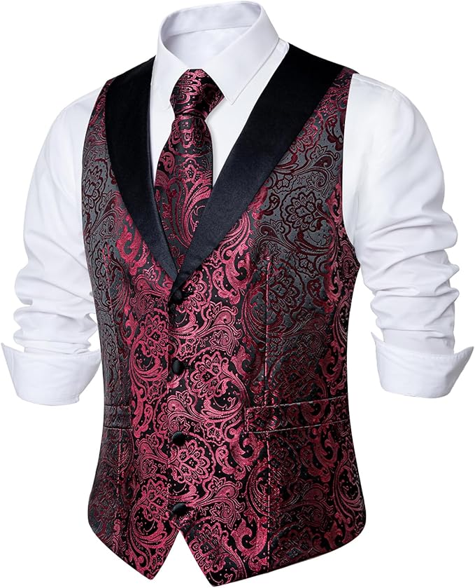DiBanGu Mens Paisley Suit Vest Silk Jacquard Waistcoat and Necktie Set Formal Shawl Collar Dress Vest 7PCS for Wedding Party