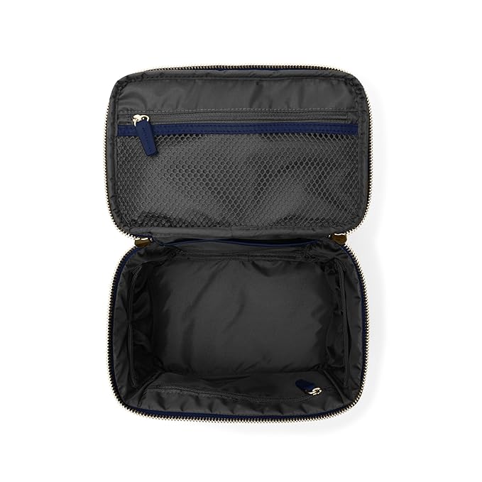 Leatherology Navy Blue Small Train Case – Full-Grain Leather Travel Cosmetic Bag with Water-Resistant Lining, Zippered & Open Pockets, Compact Beauty Organizer