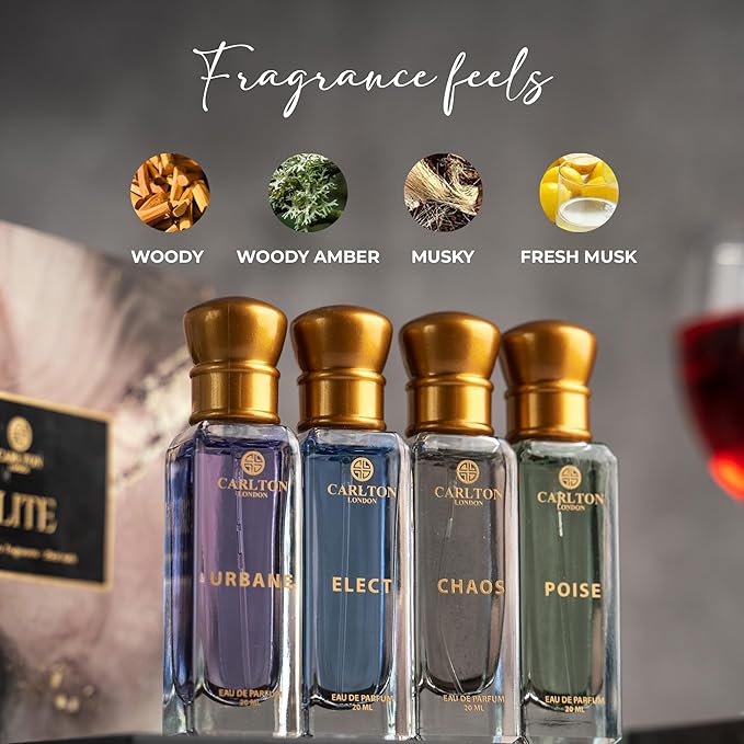 Carlton London Elite Perfume For Woman & Man – 4x20ml | Luxury Perfume Gift Set For Couple | Long Lasting Unisex EDP Combo With Fruity, Musky, Citrusy, Smoky Notes | Travel Size Perfumes Set