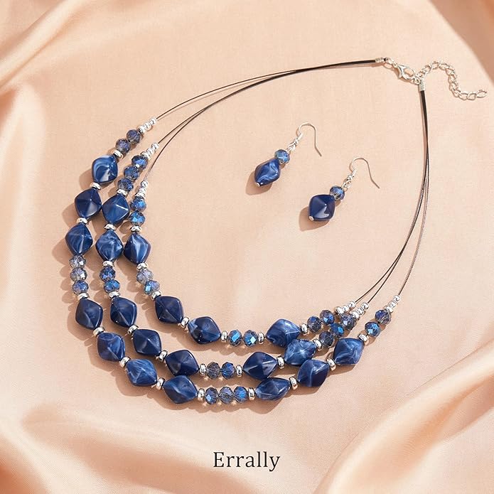 3 Layered Chunky Statement Necklace for Women Beaded Strand Necklaces with Earring Fashion Costumes Collar Necklace Jewelry Sets Gifts for Women