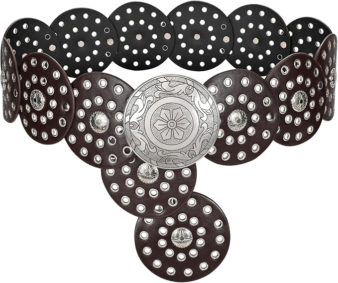 LEACOOLKEY Women's Boho Disc Belt Wide Western Leather Belt Vintage Concho Waist Belts for Dress Jeans
