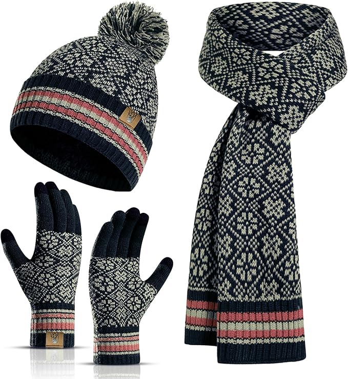 Womens Winter Beanie Hat Long Scarf and Touchscreen Gloves 3Pieces Fleece Lined Skull Caps with Pompom Neck Scarves Set