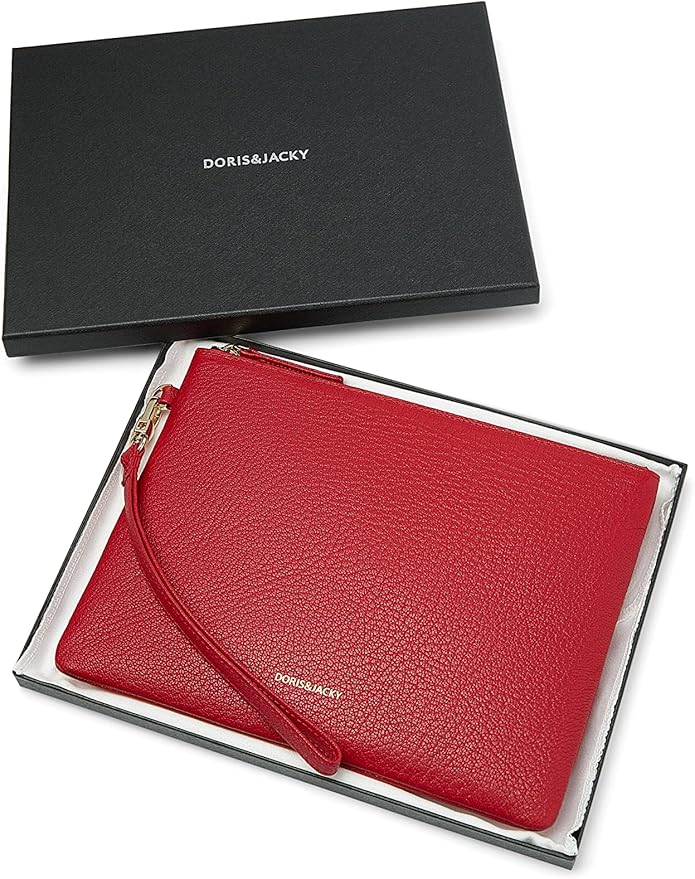 DORIS&JACKY Lambskin Leather Wristlet Clutch Purse for Women Soft Designer Slim Cell Phone Pouch Bag with Detachable Strap