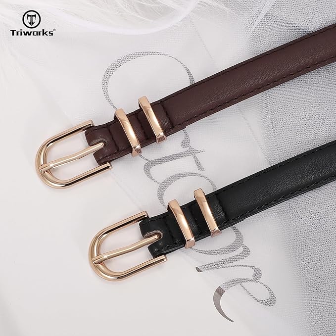 2 Pack Women Skinny Leather Belts for Jeans Pants Thin Faux Leather Belt with Gold Buckle