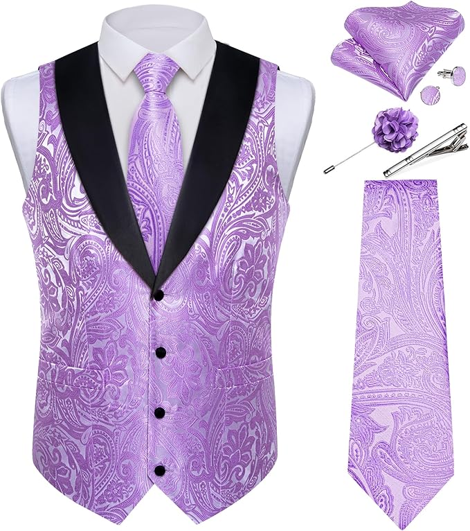 DiBanGu Mens Paisley Suit Vest Silk Jacquard Waistcoat and Necktie Set Formal Shawl Collar Dress Vest 7PCS for Wedding Party