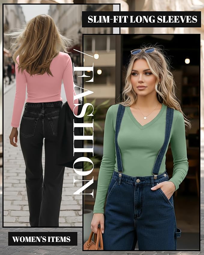 Ficerd 3 Pack Women's Long Sleeve Shirts, V Neck Basic Tees Slim Fitted Casual Fall Tops Going Out Blouses T Shirts