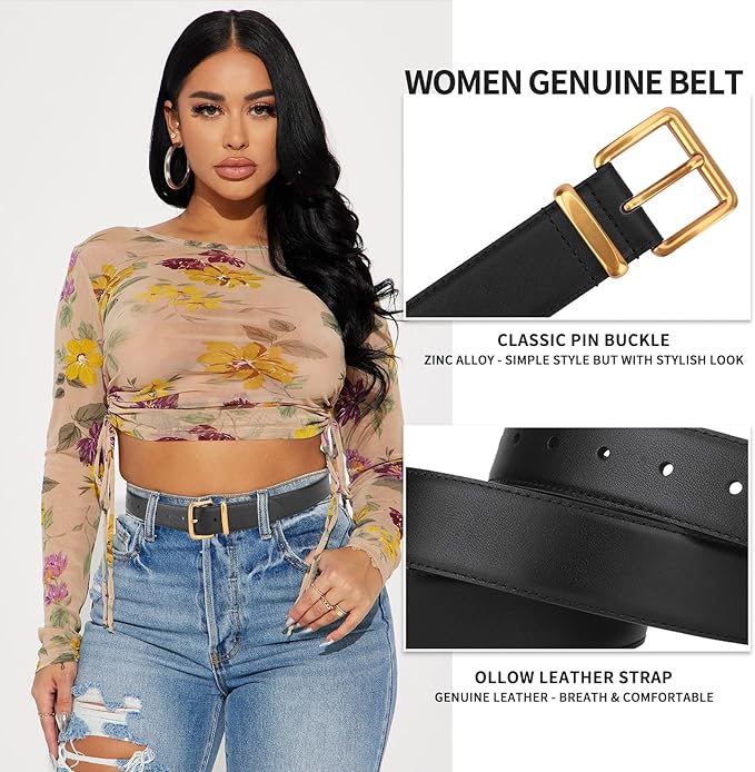 TINIDI Women Genuine Leather Belt for Jeans Pants Dress Fashion Ladies Waist Belt with Gold Buckle