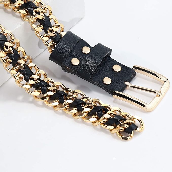 Glamorstar Gold Metal Punk Belts Leather Chain Waist Belt for Women Dresses
