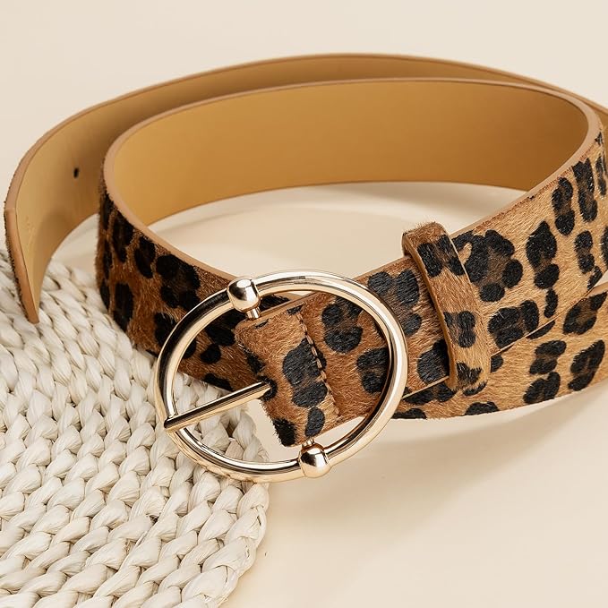 Women’s Leopard Print Leather Belts for Women, Cheetah Print Belt with Gold Buckle, Width 1.46"