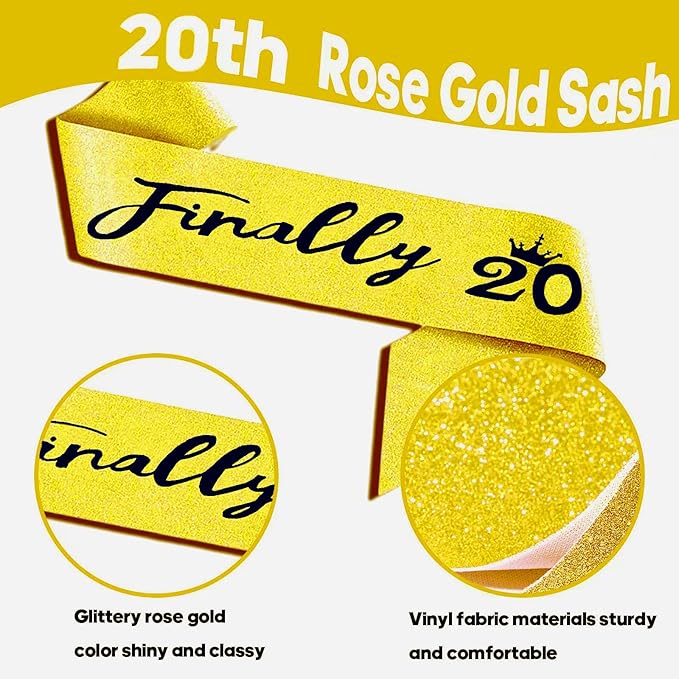 20th Birthday Decorations for Her Girls Set, Include 20th Birthday Crown and 20 Sash, 20th Birthday Cake Topper and 20 Birthday Candles, Gold 20 Balloons, Women 20th Party Supplies(Gold)