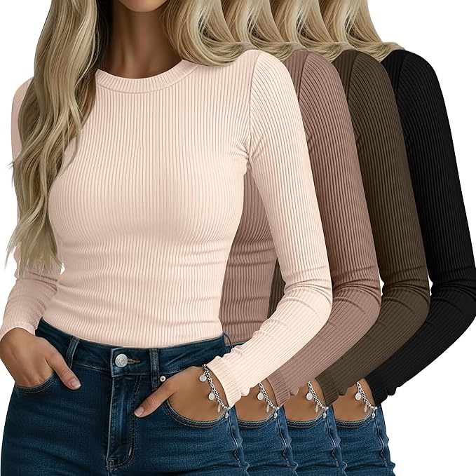 Neer 4 Pack Women's Ribbed Long Sleeve Shirts, Cotton Crew Neck Slim Fit Tops Stretch Knit Casual Base Layer Basic Tee Shirts