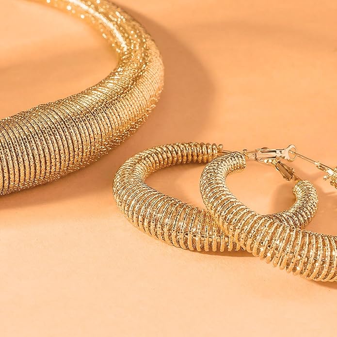 Chunky Gold Hoop Earrings and Spring Statement Necklace Set 2 Piece | Indian Jewelry Sets for Women | Gold Plated Trendy Chunky Hoops & Chunky Chain Gift