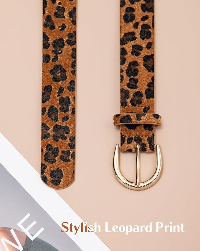 Women’s Leopard Print Leather Belts for Women, Cheetah Print Belt with Gold Buckle, Width 1.46"