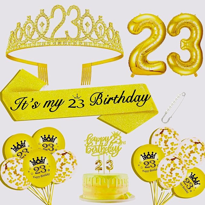 Girls 23rd Birthday Decorations Set, Include Crown, Sash, Cake Topper, Candles, Gold Balloons, Party Supplies
