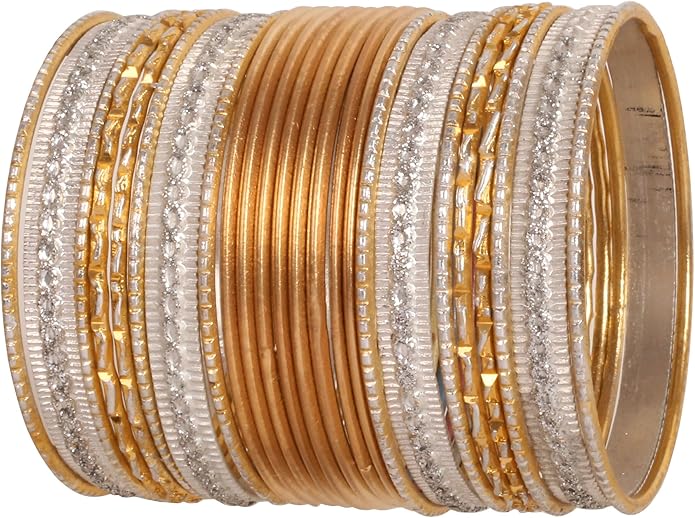 Touchstone Indian Metal Bangles for Women Gold Alloy Bracelets desi 2 Dozen Bangle Collection Bollywood Women's Jewelry Set Multi Stacking Wide Chunky Textured Golden Set of 24 in Gold or White Tone