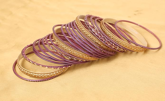 Touchstone Indian Metal Bangles for Women Gold Alloy Bracelets desi 2 Dozen Bangle Collection Bollywood Women's Jewelry Set Multi Stacking Wide Chunky Textured Golden Set of 24 in Gold or White Tone