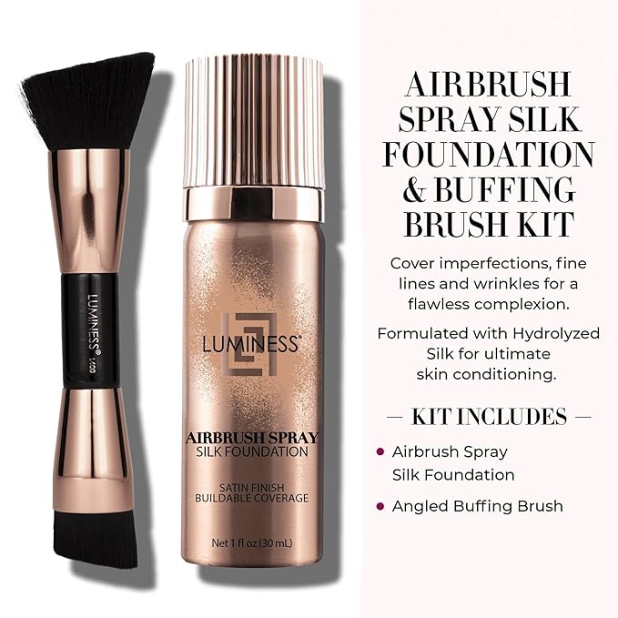 LUMINESS Silk Airbrush Spray Foundation 2-PC Kit - Foundation & Dual-Sided Angled Makeup Brush - Buildable Coverage, Anti-Aging Formula, Humidity Resistant, Hydrates & Moisturizes, Light Fair