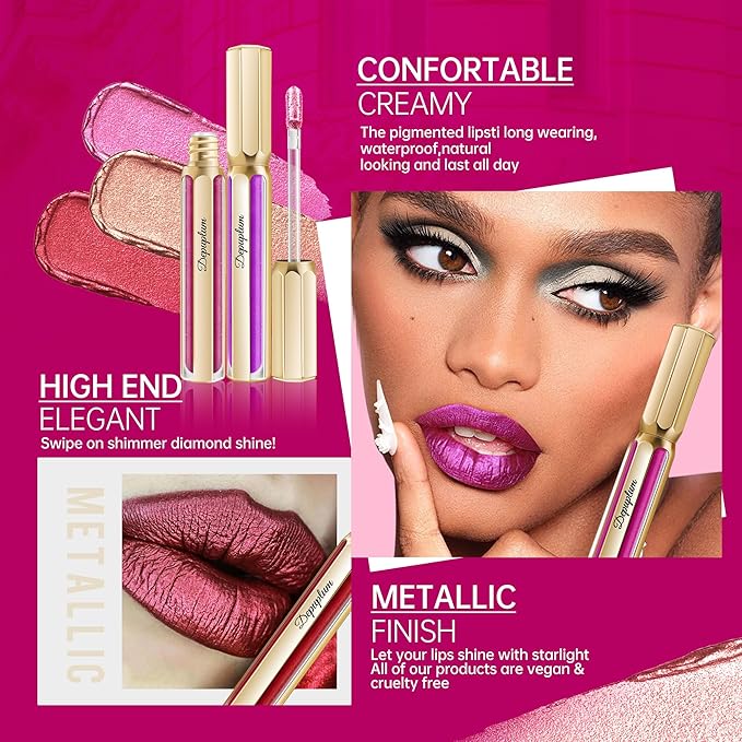 Purple Lipsticks for Women Metallic Lipstick Long Lasting Lip Gloss Metal Shine Lightweight Hydrating Full Coverage Lip Color, DP102 Piggy