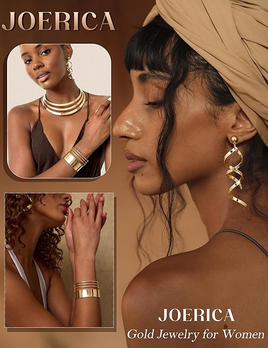 JOERICA Bib Choker Necklace Set for Women Wide Cuff Bangle Bracelets Long Statement Dangle Earrings African Costume Jewelry Set