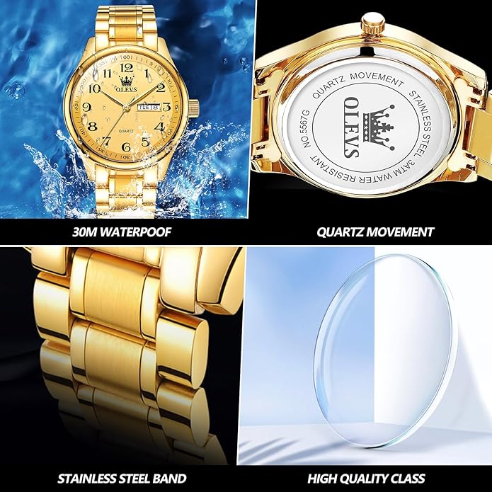 OLEVS Mens Watch Stainless Steel Analog Quartz Watches for Men Day Date Easy Read Diamond Waterproof Dress Luxury Classic Casual Big Face Blue/Black/Gold/Silver Roman Arabic Numerals Men's Wrist Watch